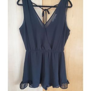 ASTR Sheer Ruffle Hem Surplice Romper